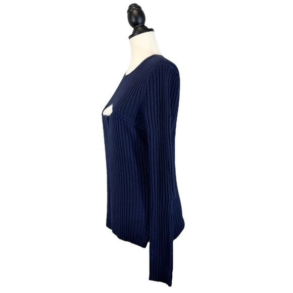 Frame Overlap Ribbed Sweater Blue Merino Wool Cutout Long Sleeve, Size Medium - Picture 3 of 8